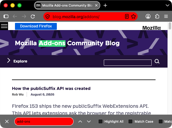 Firefox ist schwarz. Tab, Suchleiste und URL-Leiste sind heller grau mit weißem Text und weißen Symbolen. Der Hintergrund der URL-Leiste ist rot. Die Suchleiste ist weiß mit schwarzem Text; ihr Suchfeld ist rot mit schwarzem Text.