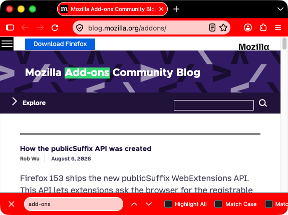 Firefox ist schwarz. Tab, Suchleiste und URL-Leiste sind rot mit weißem Text und weißen Symbolen. In der Suchleiste sind Text und Symbole dagegen schwarz.