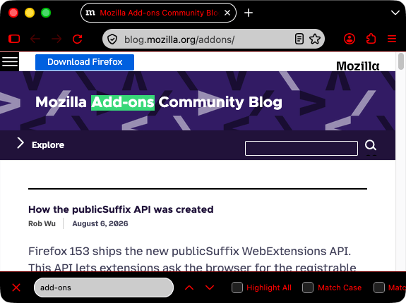Screenshot eines Browserfensters mit einem geöffneten Tab. Der Browser ist schwarz. Tab, Suchleiste und URL-Leiste sind schwarz mit rotem Text und roten Symbolen. Der Text im aktiven Tab, in der Navigationsleiste und in der Suchleiste ist rot.