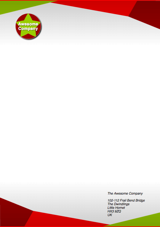 Página completa A4 con borde decorativo superior e inferior compuesto de formas naranjas y rojas, y una insignia roja y verde con la leyenda Compañía asombrosa escrita en ella, debajo del borde superior. Encima del borde inferior hay una dirección postal.