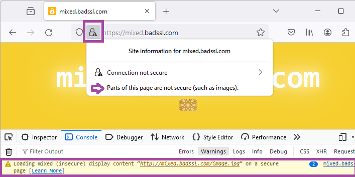 Une capture d'écran avec les erreurs pour le contenu mixte bloqué dans l'onglet Sécurité de la console