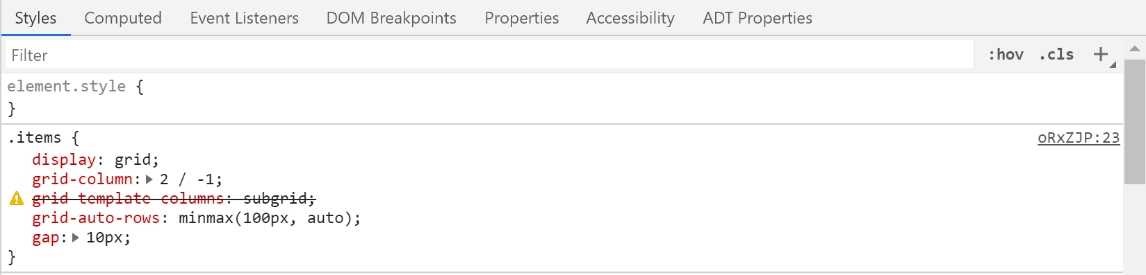 subgrid の値に対応していないため、 grid-template-columns: subgrid に線が引かれているブラウザー開発者ツールの画像。