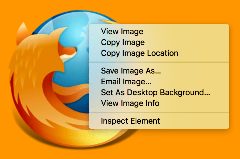 コンテキストメニューを表示させたウェブサイト（例）の DOM 要素としての Firefox ロゴ。ウェブページ上の項目を右クリックすると、コンテキストメニューが現れます。最後のメニューは「要素の検査」です。