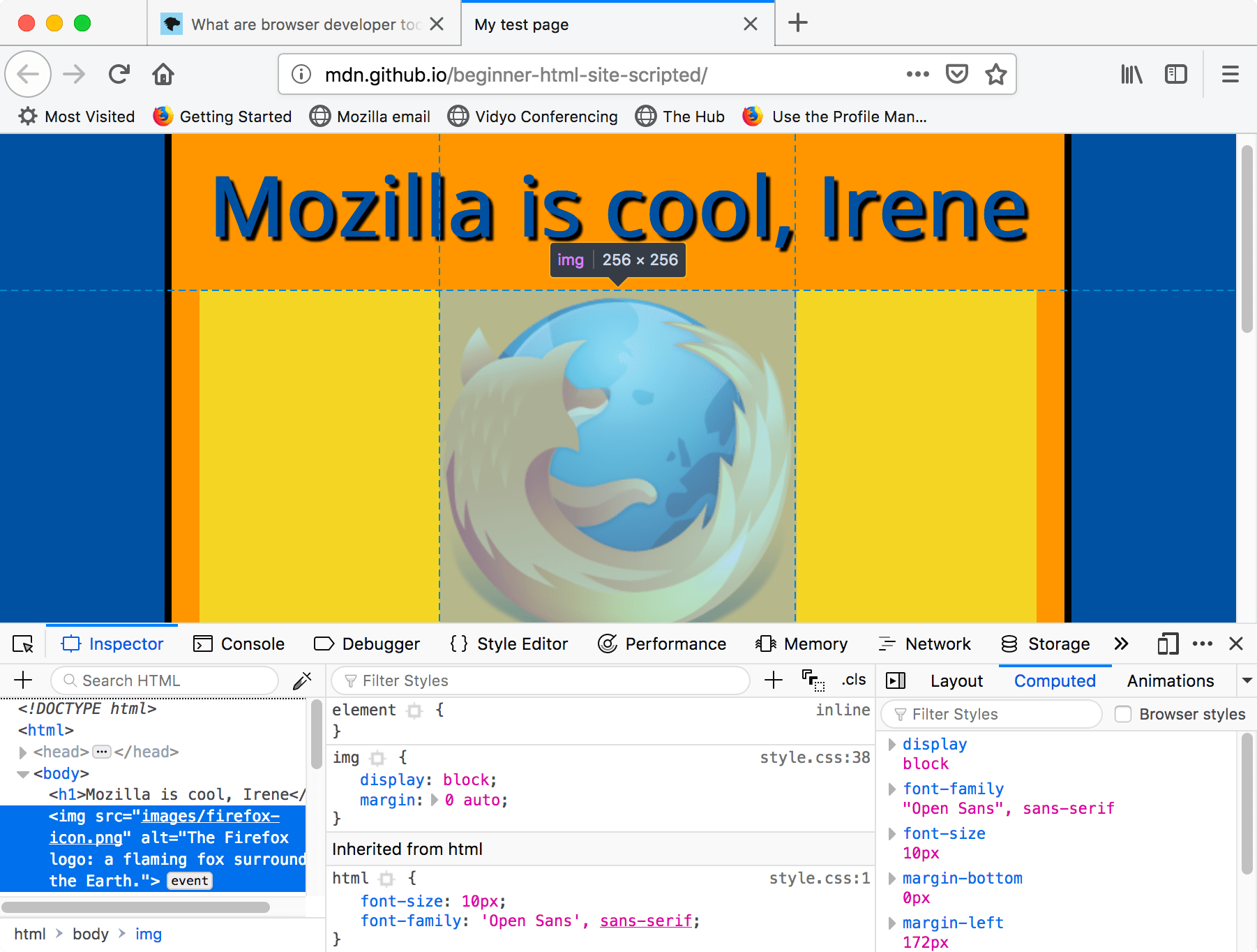ブラウザーでテストウェブサイトをタブで開きます。ブラウザー開発者ツールのサブウィンドウが開いています。開発者ツールを開発するにはいくつかのタブがあります。インスペクターはそのうちの 1 つです。インスペクタータブには、ウェブサイトの HTML コードが表示されます。 HTML コードから画像タグを選択します。その結果、ウェブサイト内の選択されたタグに対応する画像がハイライト表示されます。
