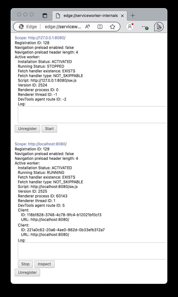 localhost:8080 存在两个 service worker，它们能在列表中被注销